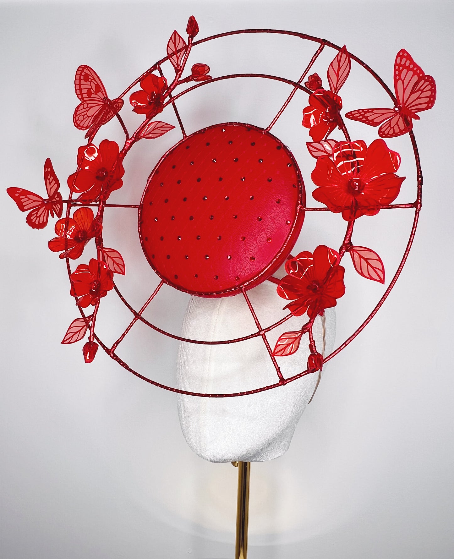 Crimson Dream - Red leather percher with wirework, cyrstald and crystofrom flower detail
