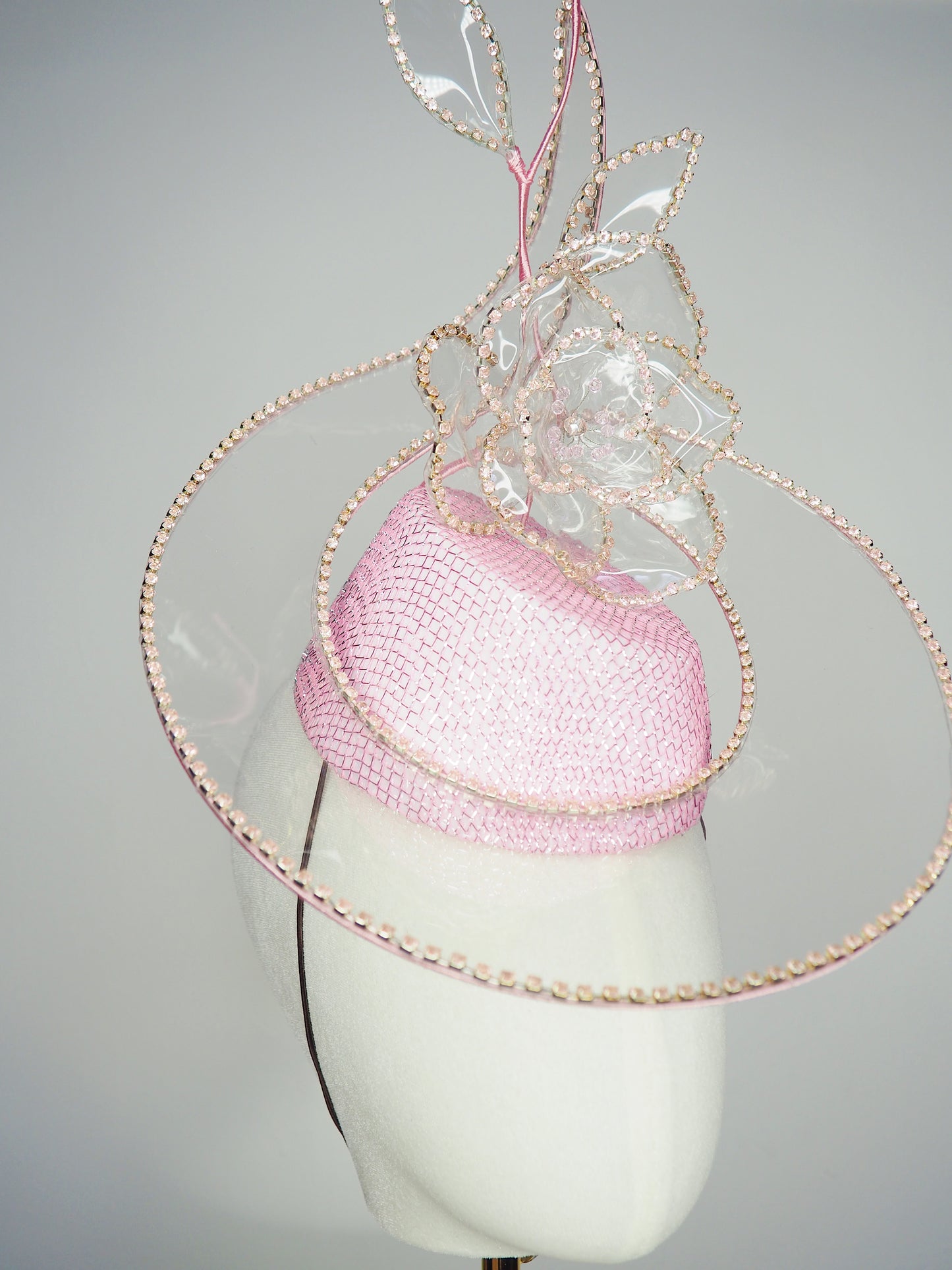 Belle Époque - pastel pink pillbox featuring a floating crystal rose surrounded by sculptural crystoform metallic swirls.