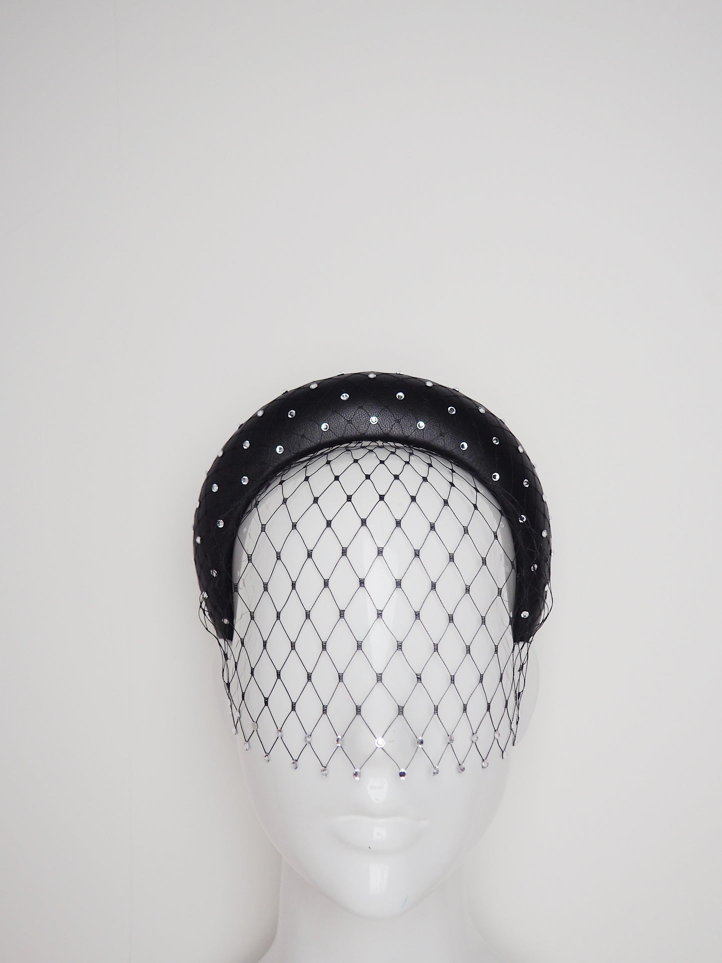 Mia - Sparkle  - Black leather 3d Blocked headband with veil and crystals with removable veil headband