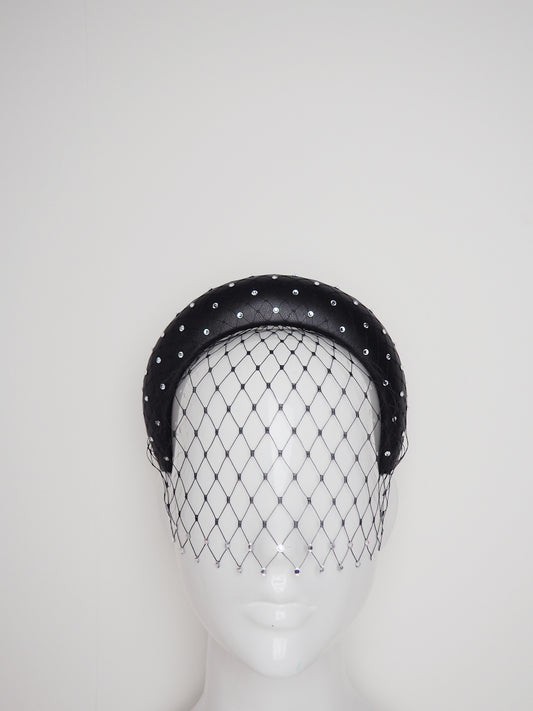 Mia - Sparkle  - Black leather 3d Blocked headband with veil and crystals with removable veil headband