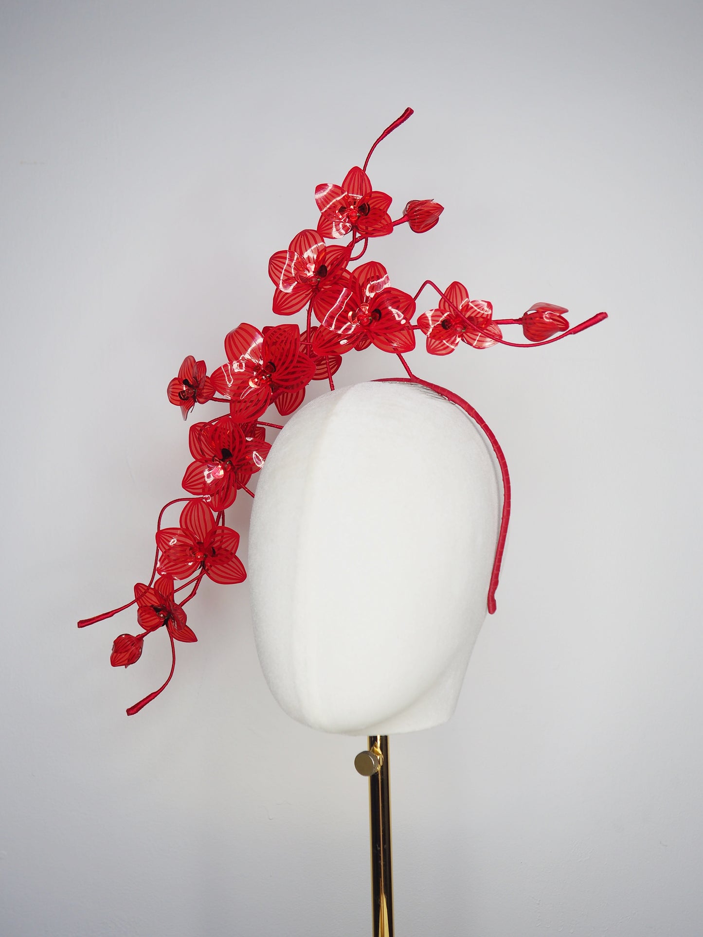 Scarlet Bloom -A dramatic floating orchid headband with sculptural wirework and handcrafted crimson blooms.