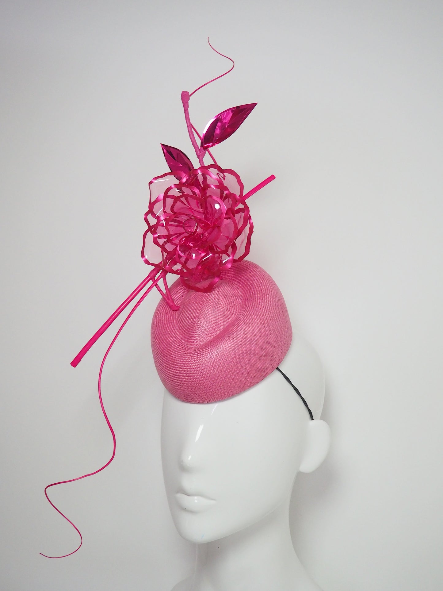 Candy Rose- Ultra fine Vintage Candy pink parisisal straw pork pie pillbox with crystoform rose and raspberry details