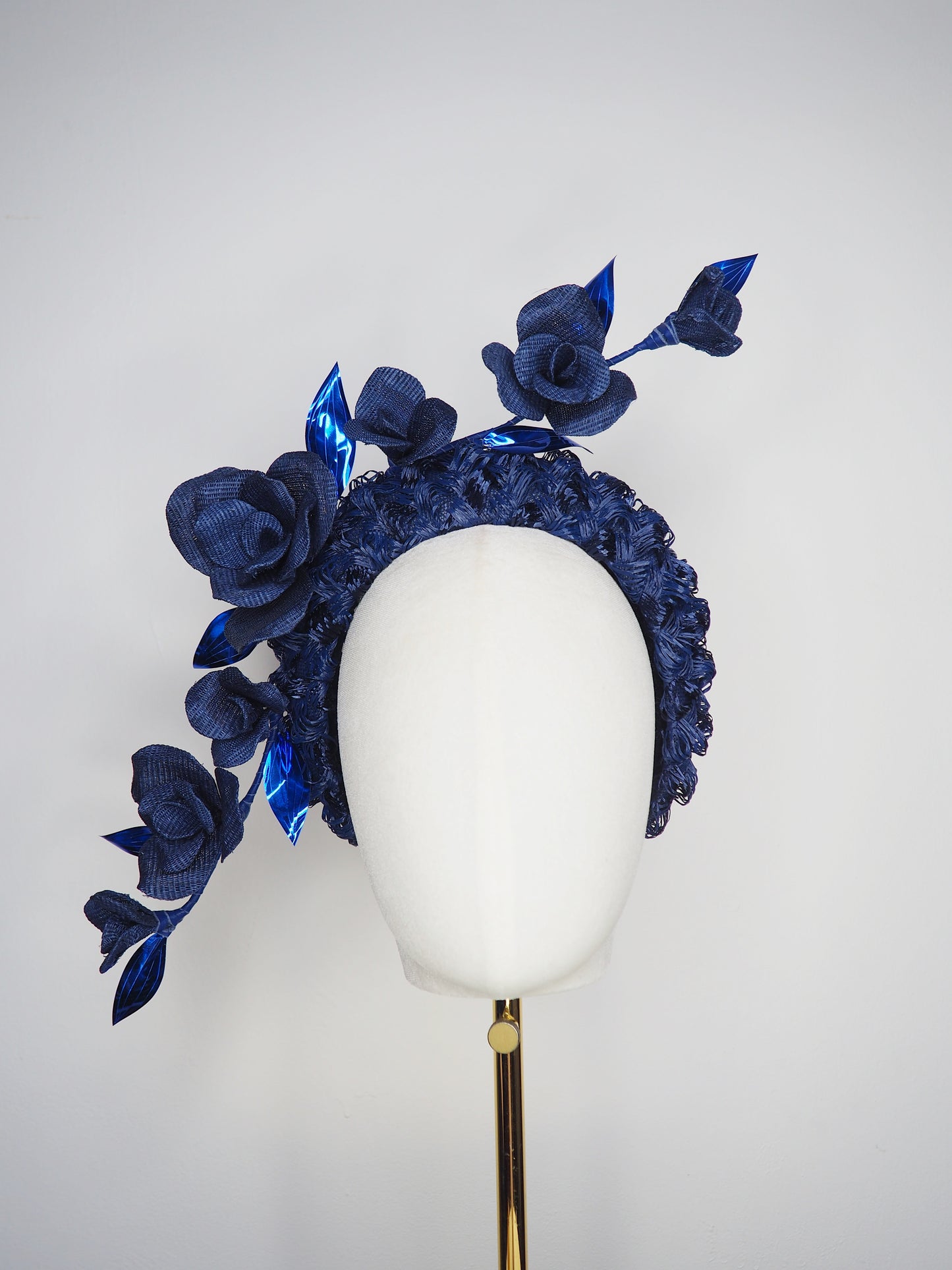 Navy Rose - Navy vintage  textured headband cascading with sculptural wired roses.