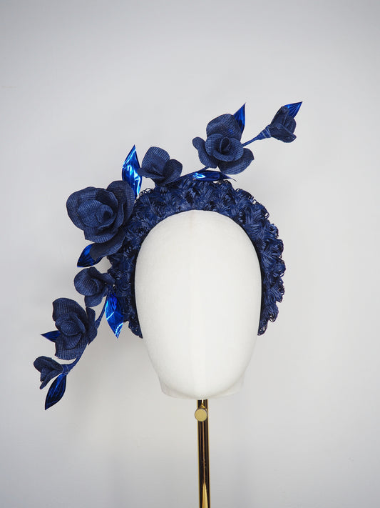 Navy Rose - Navy vintage  textured headband cascading with sculptural wired roses.