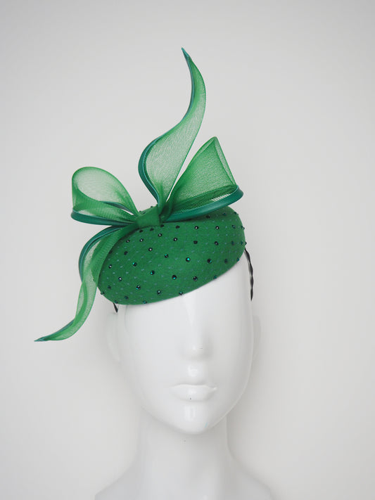 Emerald Envy - Emerald fine Fur felt button with crinoline bow and diamante veil detail.