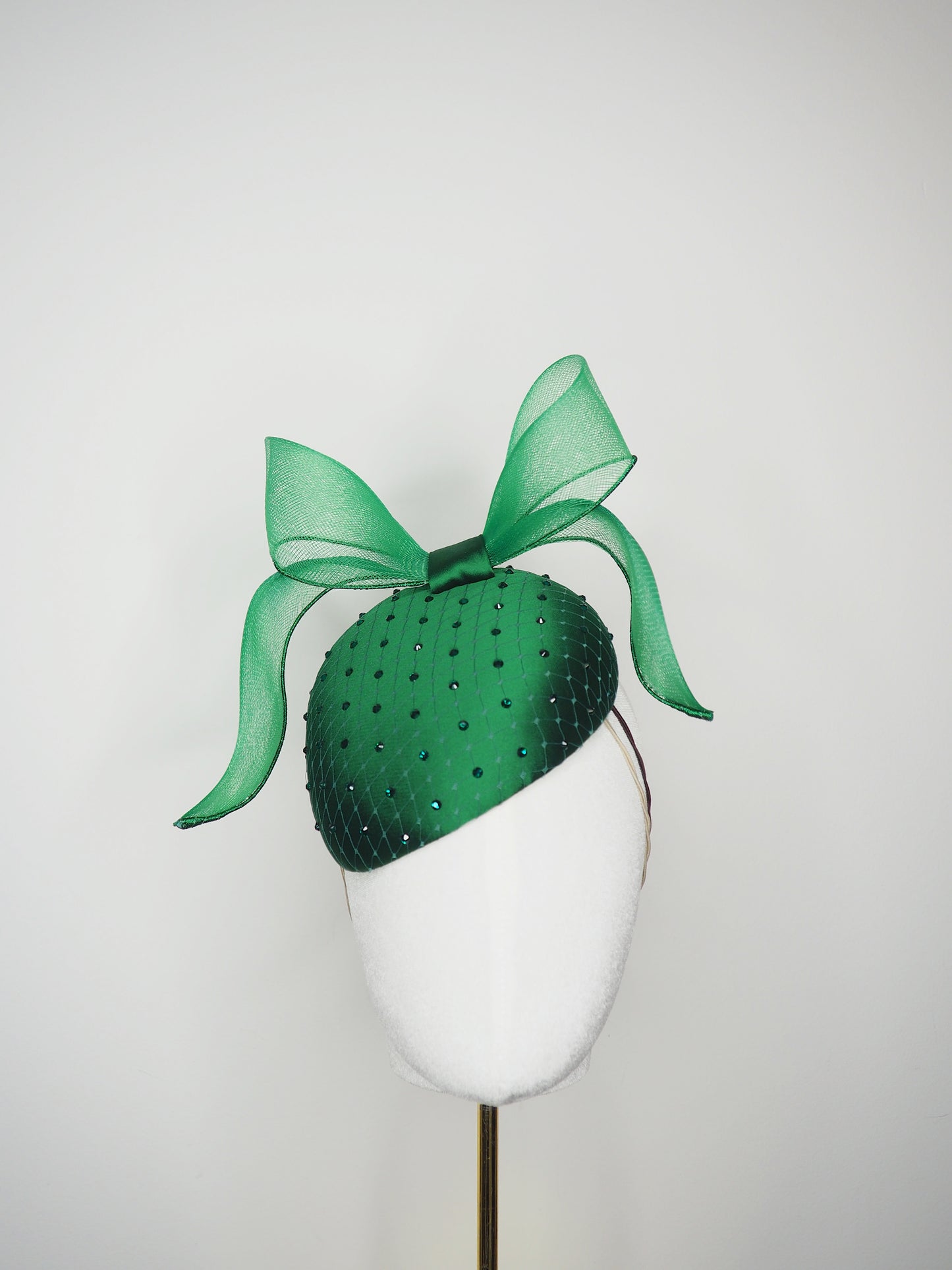 Windswept Miss Emerald -emerald fabric petite tear drop beret with embellished veiling detail and windswept crinoline (Copy)