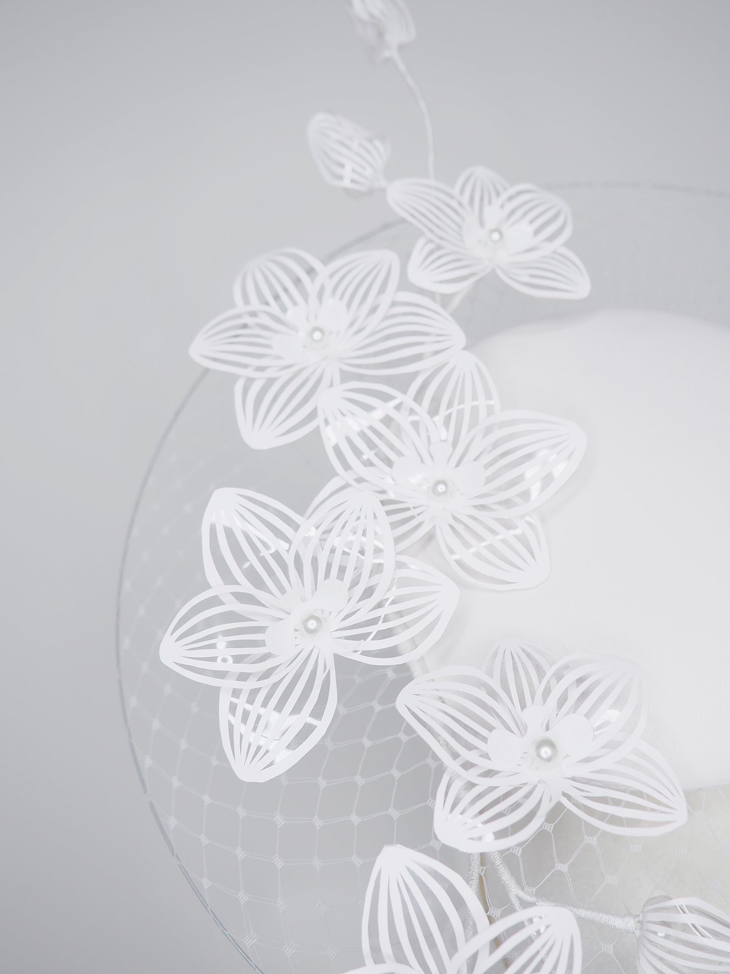 Orchid Whisper Veil Percher - Veiled brim white leather percher with crystoform orchids