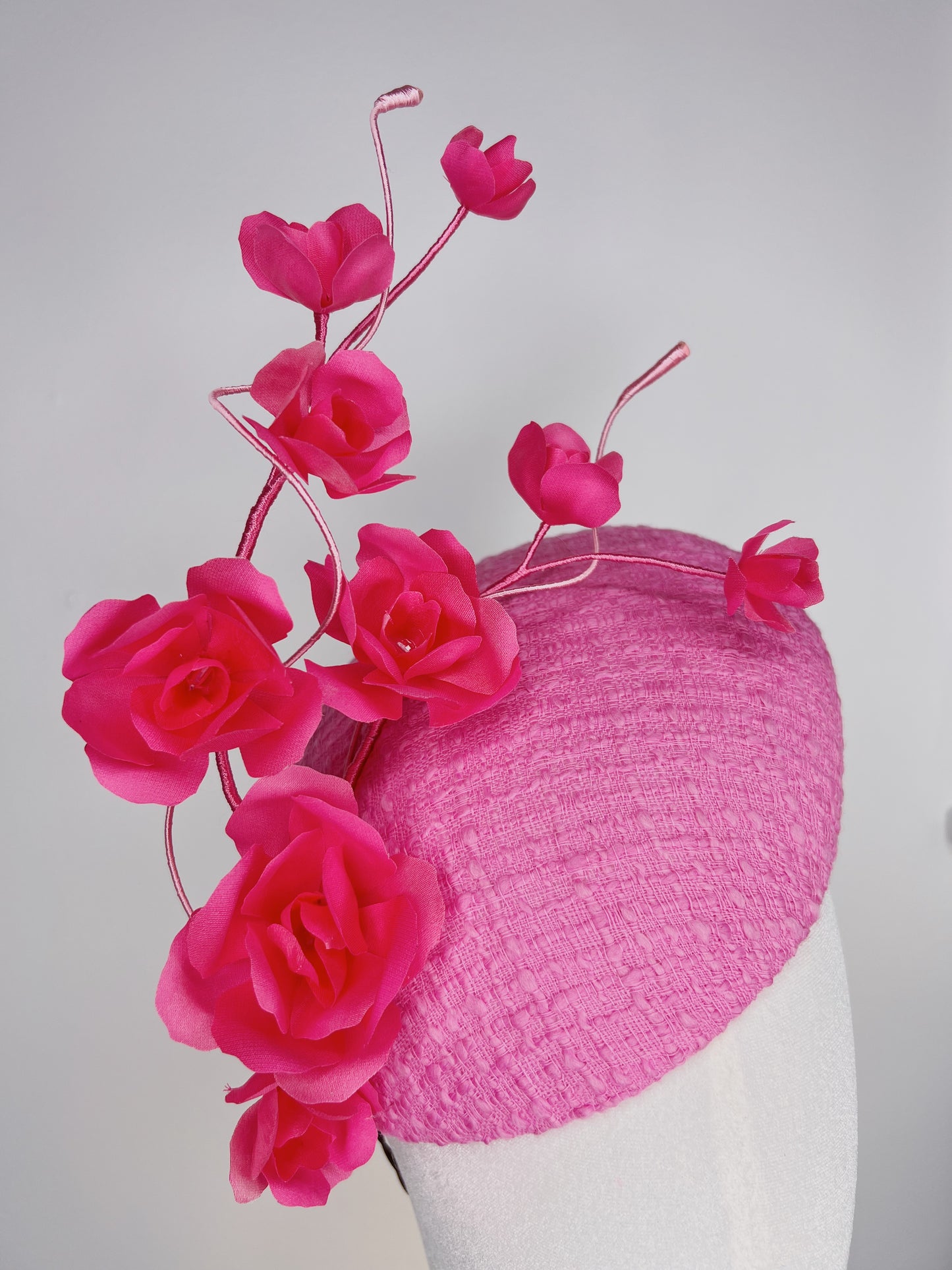 Candy Rose - Candy pink tweed and silk hand tooled rose facehugger beret