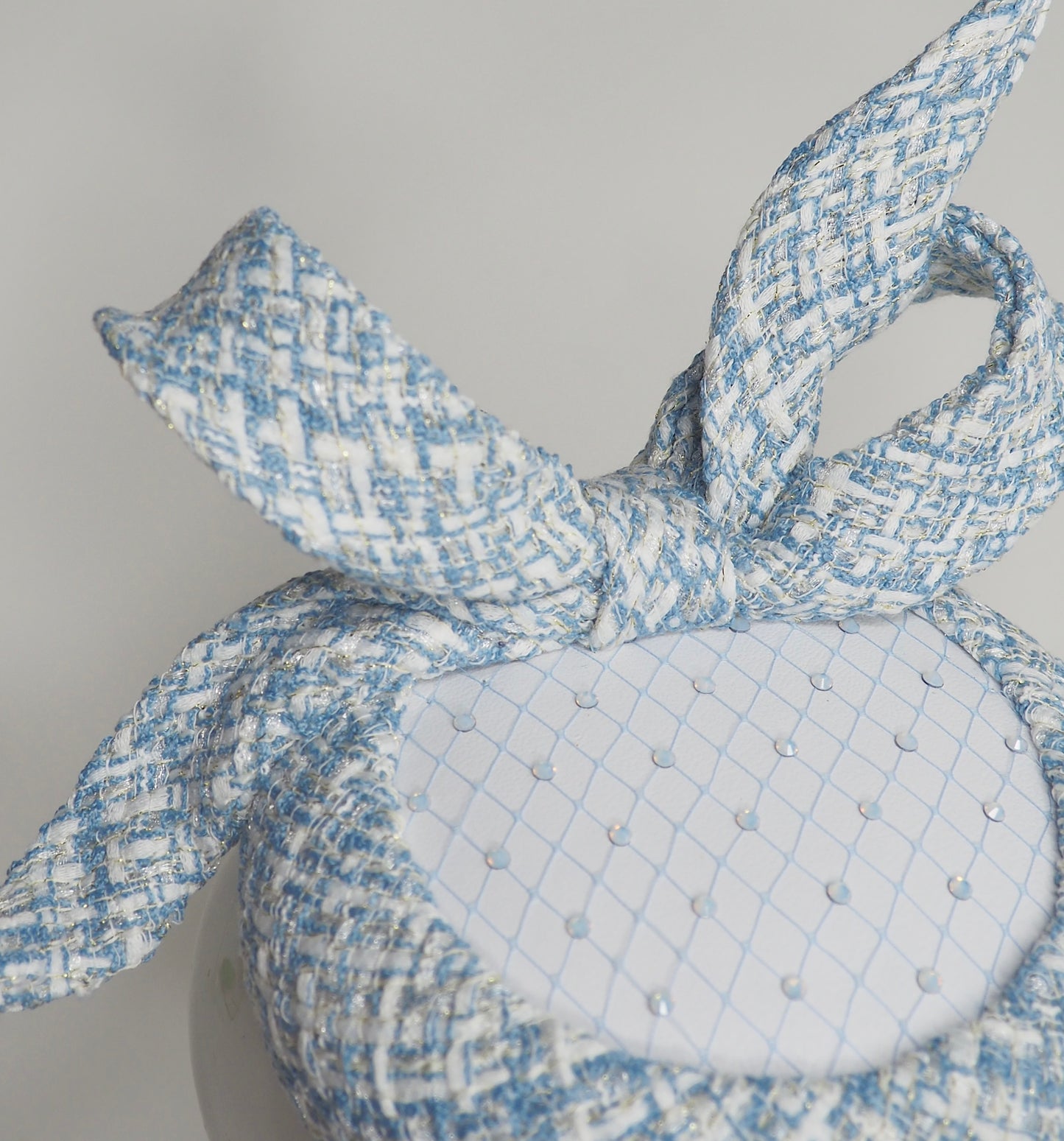 Blue Belle - Blue tweed button base with wired tweed bow and crystal veil