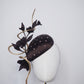 Cocoa Latte - Petite chocolate brown silk facehugger with vintage veil and rose gold crystal detail, sculpted wired swirl, and vintage straw roses