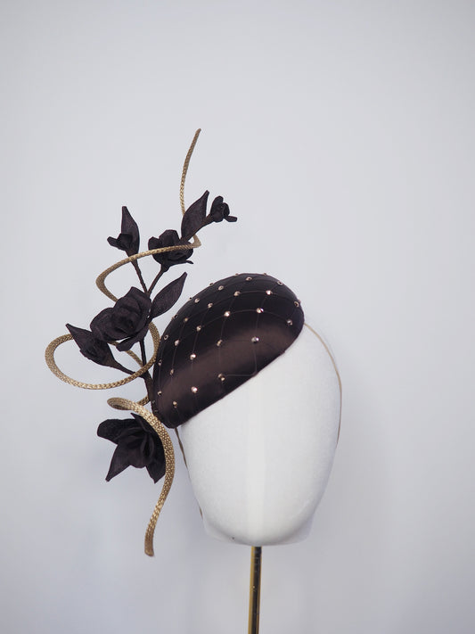 Cocoa Latte - Petite chocolate brown silk facehugger with vintage veil and rose gold crystal detail, sculpted wired swirl, and vintage straw roses