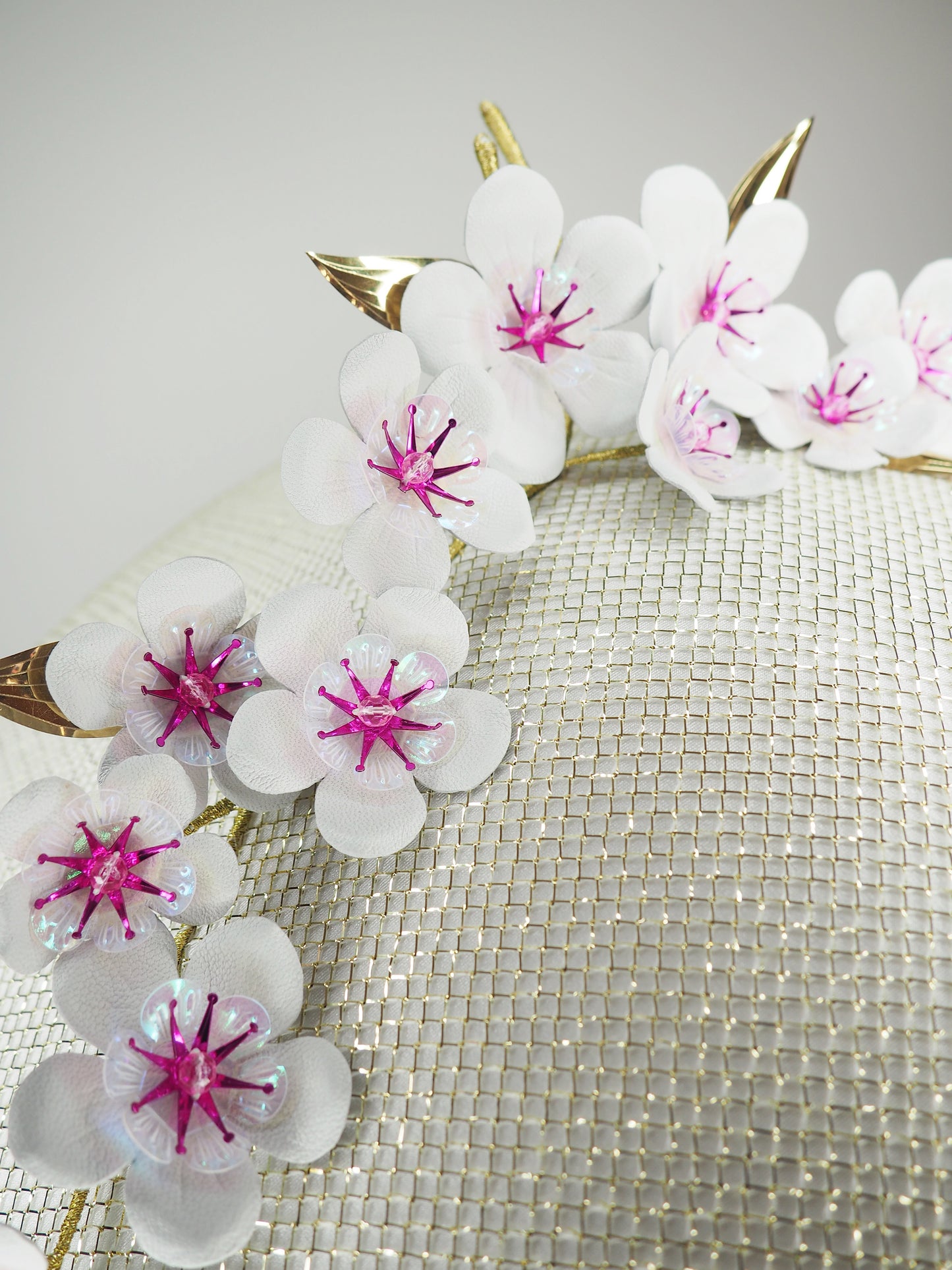 Cherry blossom  - Pale gold and white Coolie Brim with cherry blossom branch and a touch of pink