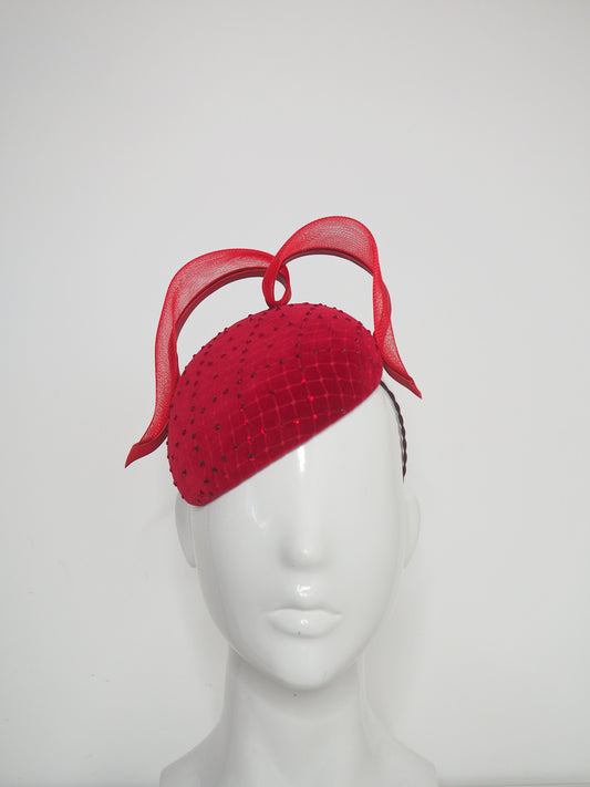 Petite Heart - Petite red velvet face hugger with cross hatch diamanté and veil detail an heart crin swirl