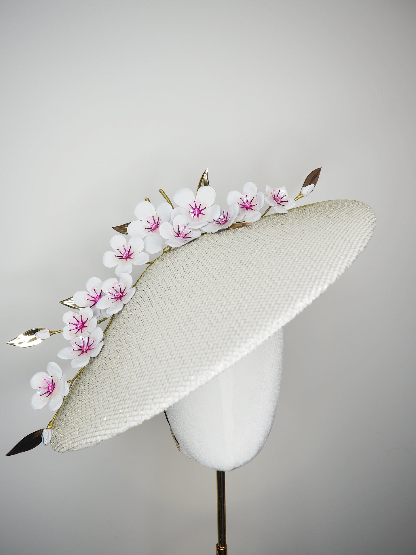 Cherry blossom  - Pale gold and white Coolie Brim with cherry blossom branch and a touch of pink