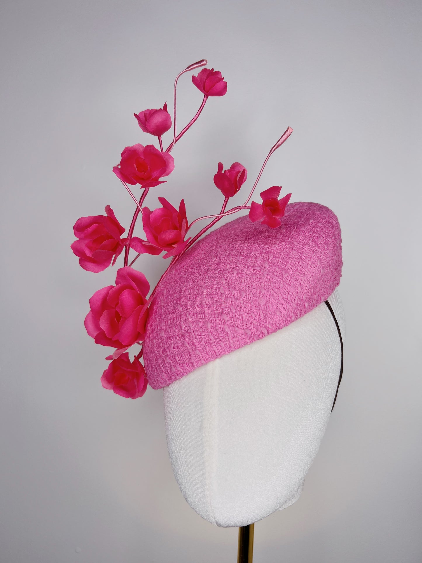 Candy Rose - Candy pink tweed and silk hand tooled rose facehugger beret