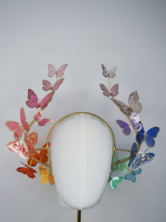 Butterfly Spectrum // 	Rainbow crystoform  butterfly wired headband with gold accents