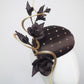 Cocoa Latte - Petite chocolate brown silk facehugger with vintage veil and rose gold crystal detail, sculpted wired swirl, and vintage straw roses