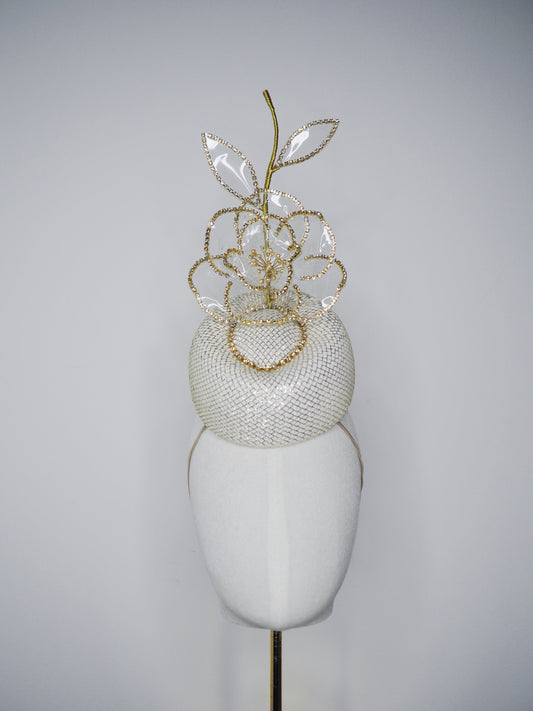 Golden Hour Rose - Pale gold lurex pork pie pillbox with gold diamante chain detail and a diamante encrusted crystoform rose