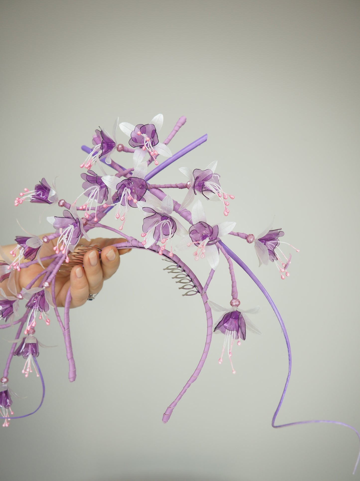 Purple Reign - Lilac and pink headband with a cascading array of fuschia flowers in subtle lilac, pink and oppalescent white