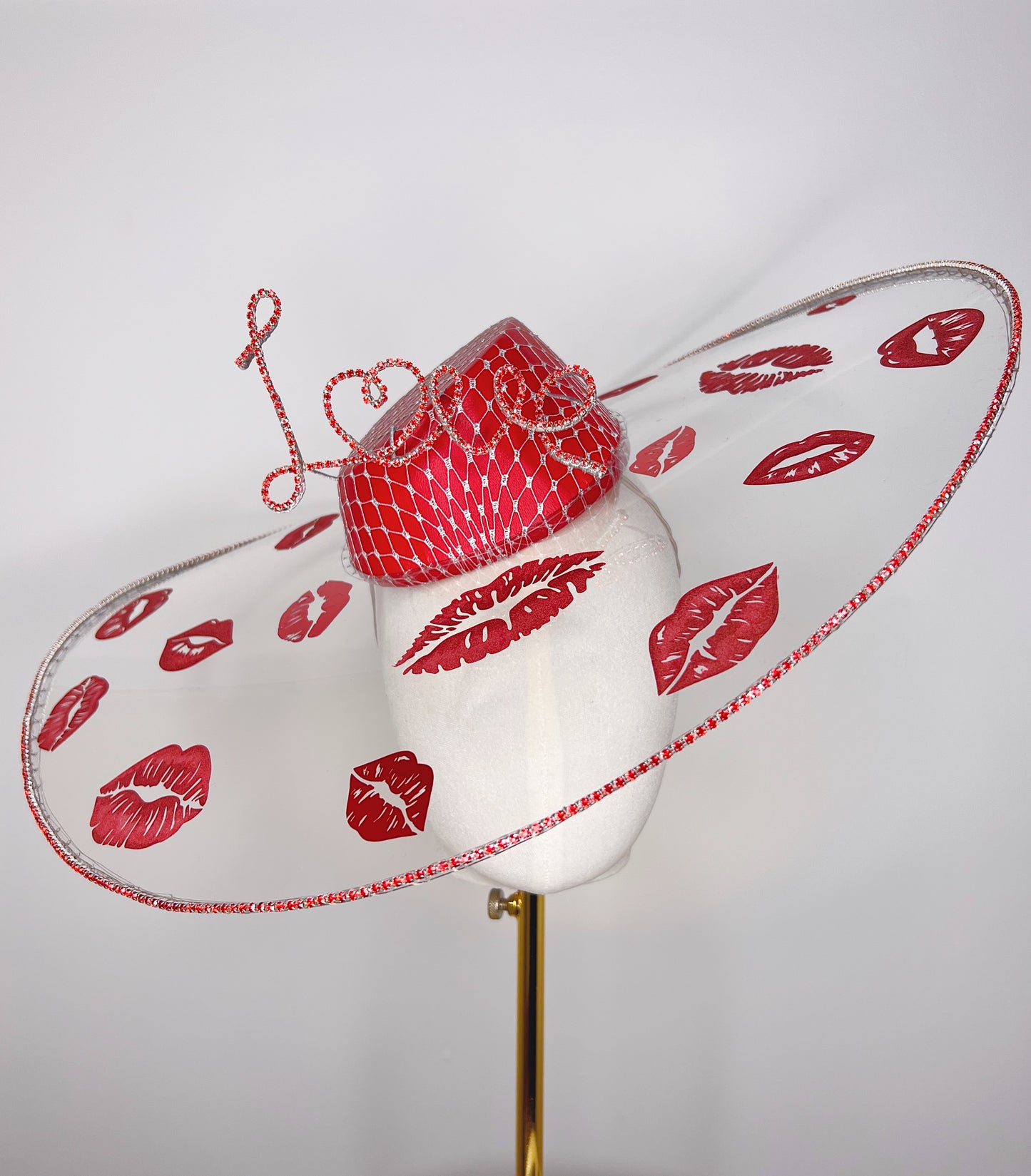 All you need is Love...And Kisses - Asymetric crystoform hat in red and Silver