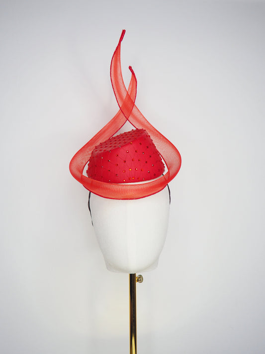 Ember - Red leather pillbox featuring a crystal-encrusted base and sculptural crinoline swirl.
