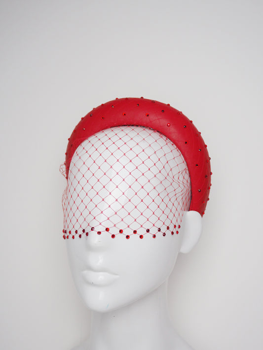 Mia - Sparkle  - Red leather 3d Blocked headband with veil and crystals with removable veil headband