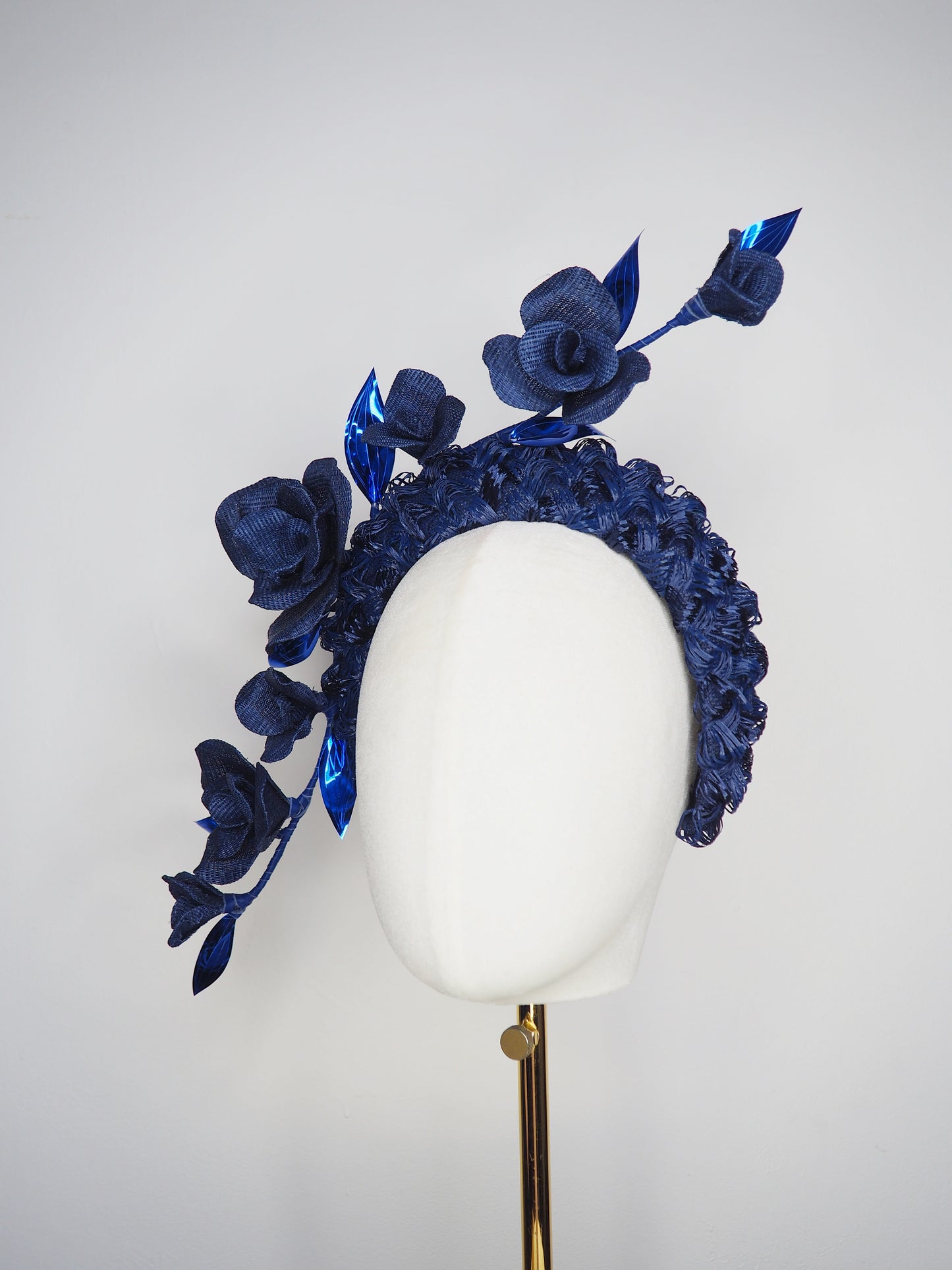 Navy Rose - Navy vintage  textured headband cascading with sculptural wired roses.