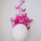 Butterfly Mirage Percher - Hot pink percher disc with tubular crinoline swirl peekaboo and cascading glitter butterflies