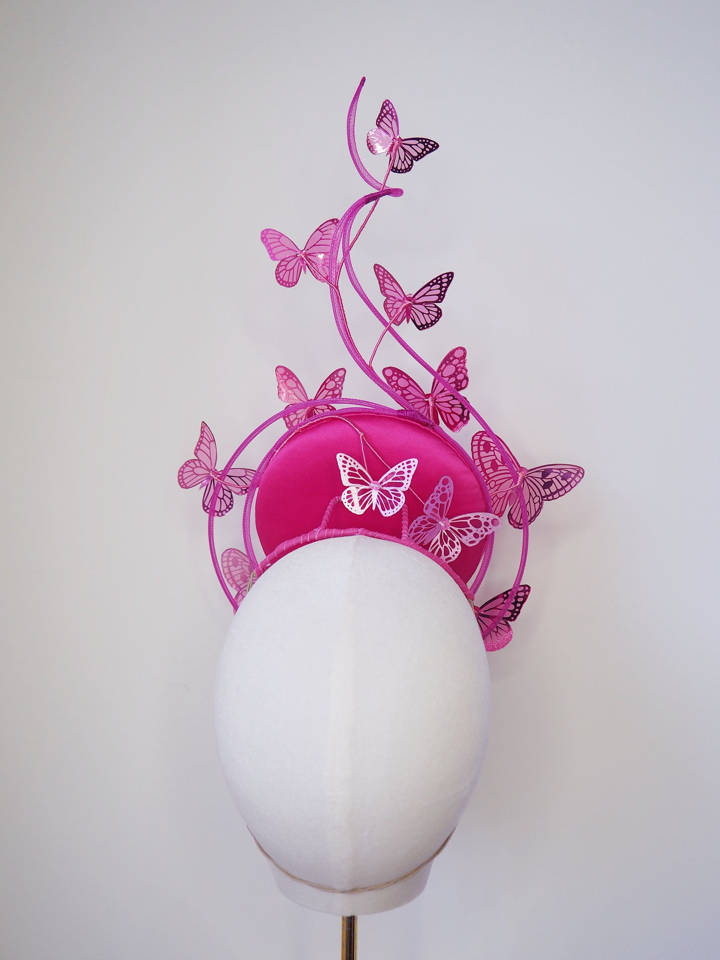 Butterfly Mirage Percher - Hot pink percher disc with tubular crinoline swirl peekaboo and cascading glitter butterflies