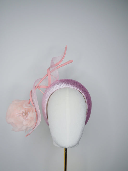 Sugar Swirl - Baby pink sparkly headband with feather flower and crinoline swirl