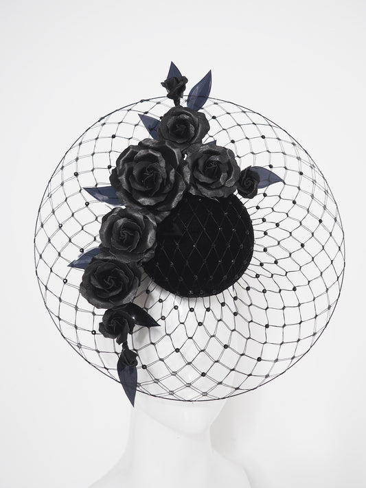 Velvet night - Black velvet veiled percher with leather flowers and crystal detail