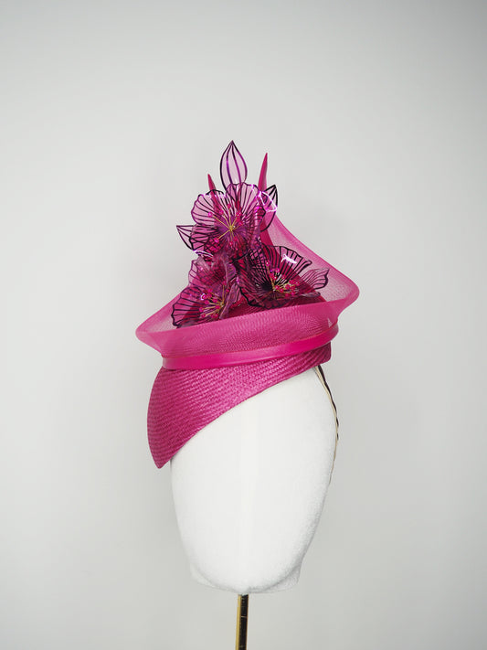 Berry Burst -Magenta hand-dyed straw facehugger base with magenta metallic edged crystoform flowers and magenta crinoline swirl