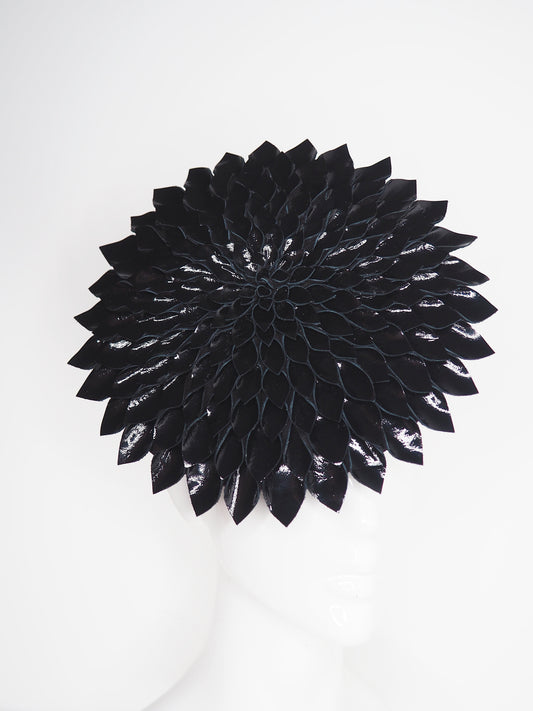 Dahlia - Black Patent Leather Percher disc with leather petal detail