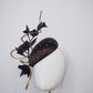 Cocoa Latte - Petite chocolate brown silk facehugger with vintage veil and rose gold crystal detail, sculpted wired swirl, and vintage straw roses