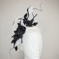 Ace of Spades - White parisisal 3D headband with leather edged crinoline swirl ,black leather flower vine and quill embellishment