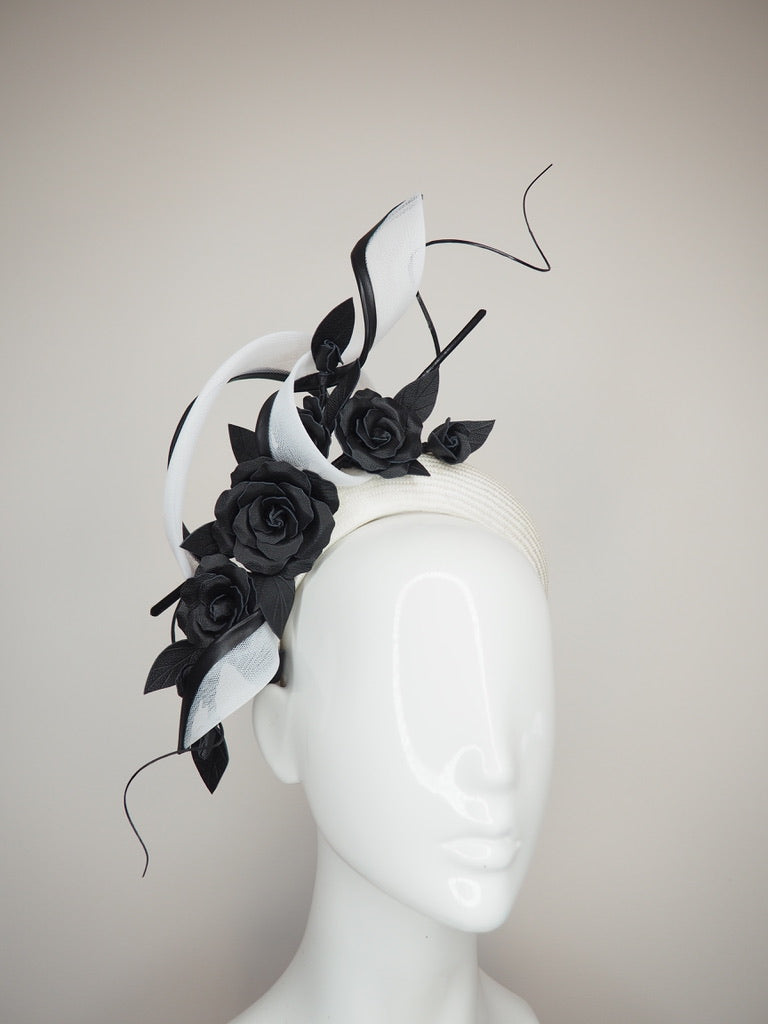 Ace of Spades - White parisisal 3D headband with leather edged crinoline swirl ,black leather flower vine and quill embellishment