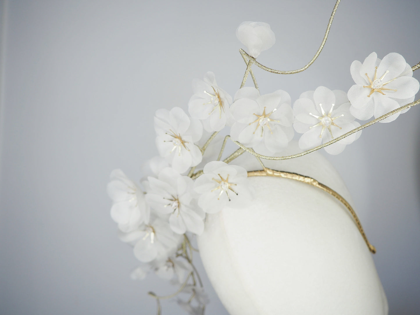Whispering Blossom - Hand tooled silk floating cherry blossoms and sweeping gold embellished wire swirls