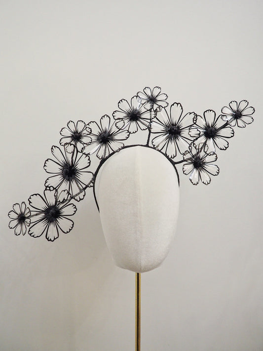Cosmo Shaddow -  Black and transparent Crystoform cosmo flowers on a leather wrapped headband