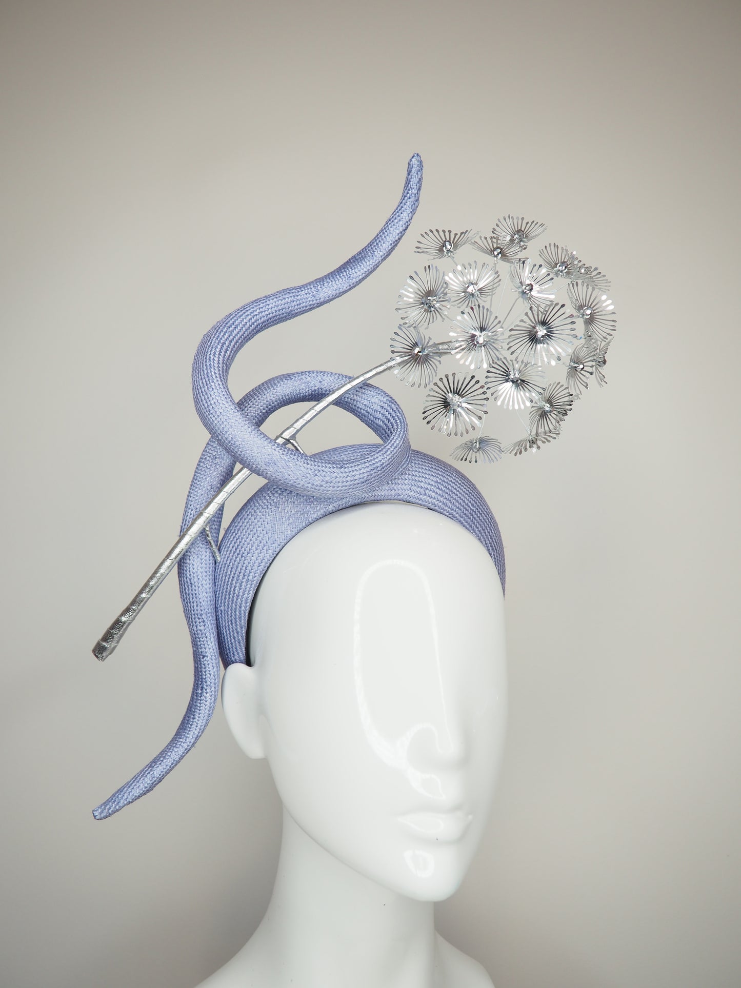 Dandelion delight - periwinkle parisisal straw headband with silver beaded sequin dandelion