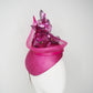 Berry Burst -Magenta hand-dyed straw facehugger base with magenta metallic edged crystoform flowers and magenta crinoline swirl