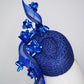 Deep Blue Bloom - Rare hand dyed vintage straw cloth pork pie pillbox with blue crinoline swirl and blue metallic blossom detailing