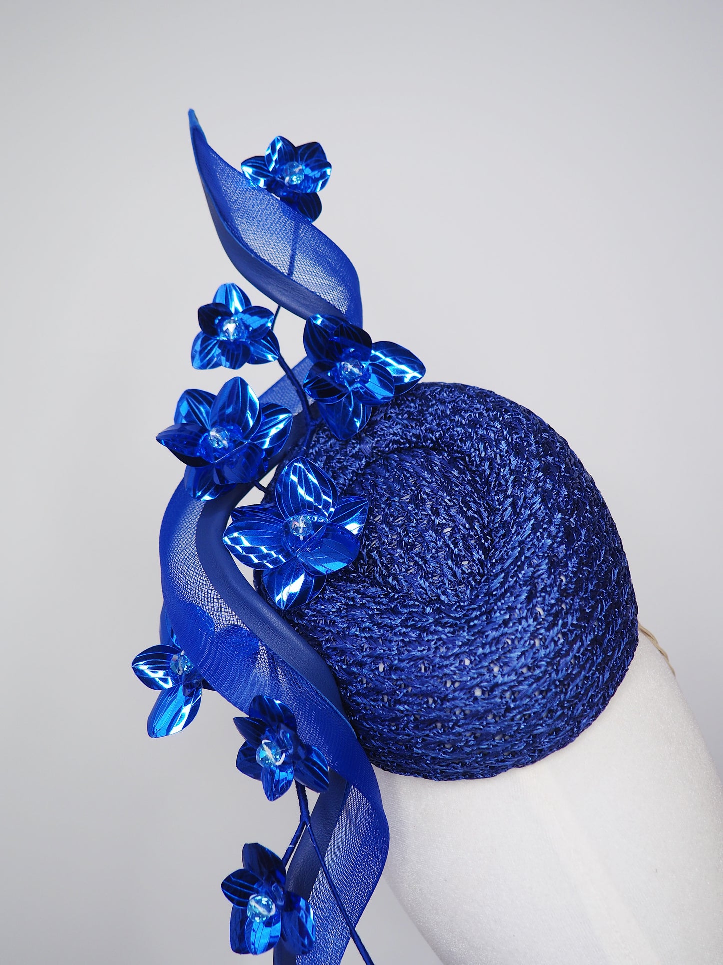 Deep Blue Bloom - Rare hand dyed vintage straw cloth pork pie pillbox with blue crinoline swirl and blue metallic blossom detailing