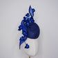 Deep Blue Bloom - Rare hand dyed vintage straw cloth pork pie pillbox with blue crinoline swirl and blue metallic blossom detailing