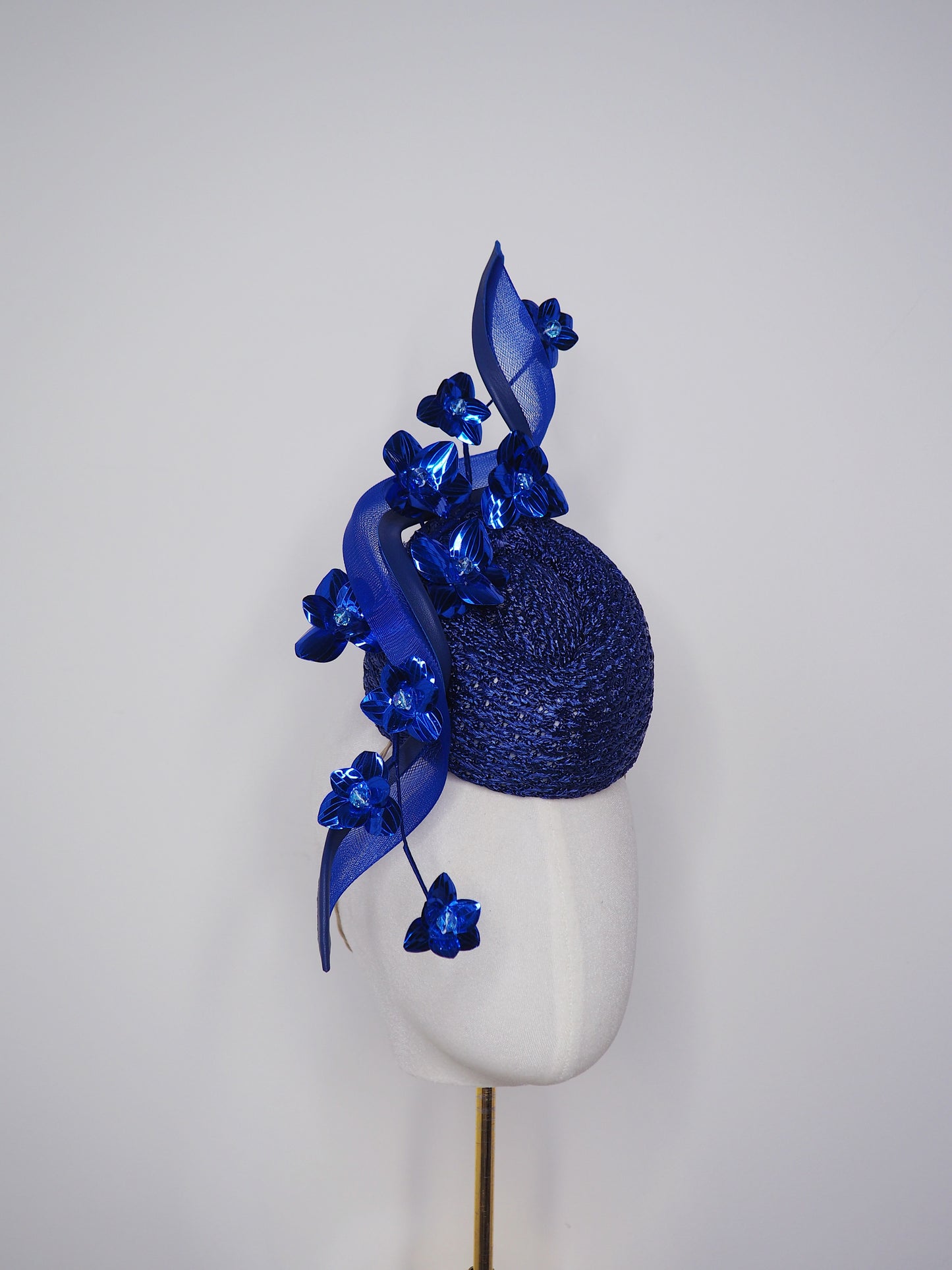 Deep Blue Bloom - Rare hand dyed vintage straw cloth pork pie pillbox with blue crinoline swirl and blue metallic blossom detailing