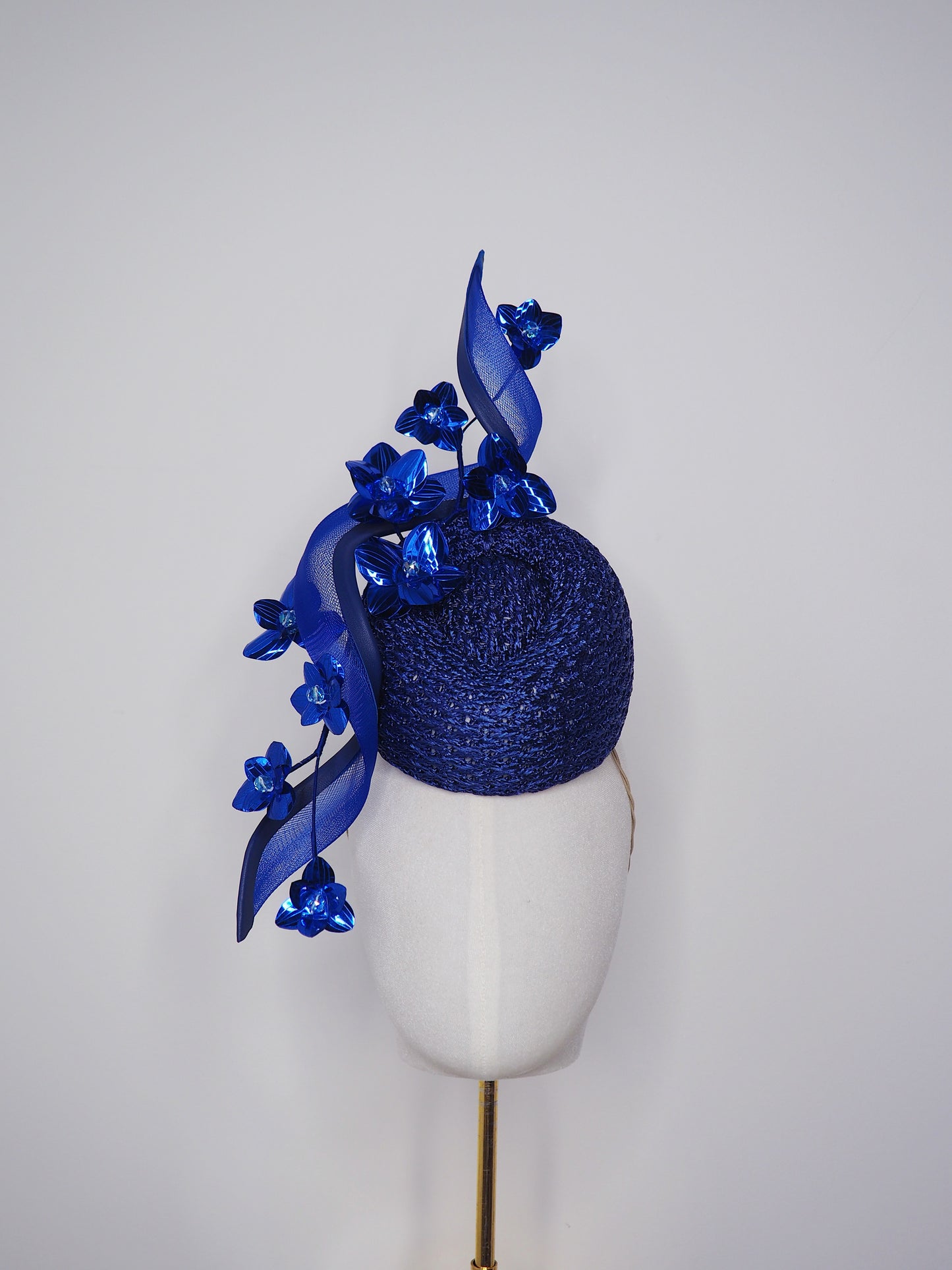 Deep Blue Bloom - Rare hand dyed vintage straw cloth pork pie pillbox with blue crinoline swirl and blue metallic blossom detailing