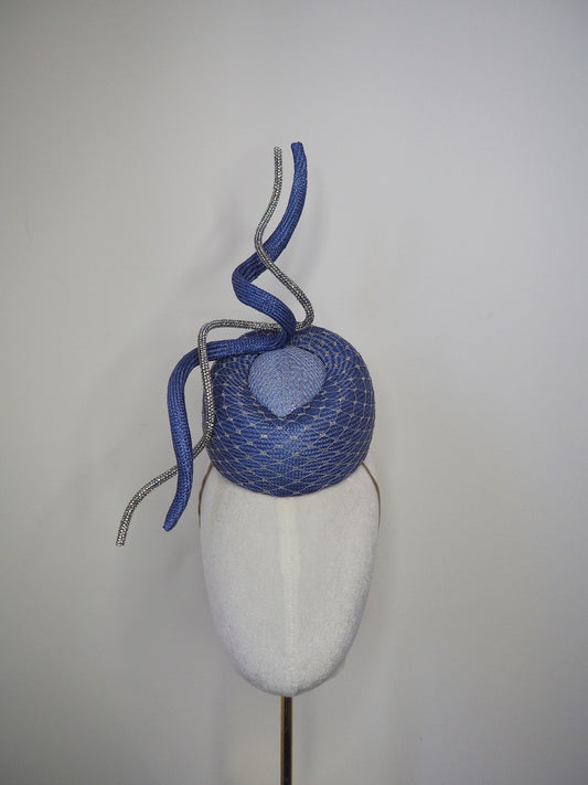 Baby blues - cornflower straw pork pie pillbox with silver veil detail and  wired crystal rope swirl