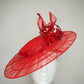 Crimson dust -  Red Tulle wire brimmed boater with red leather edged crinoline swirl and beaded allium flower