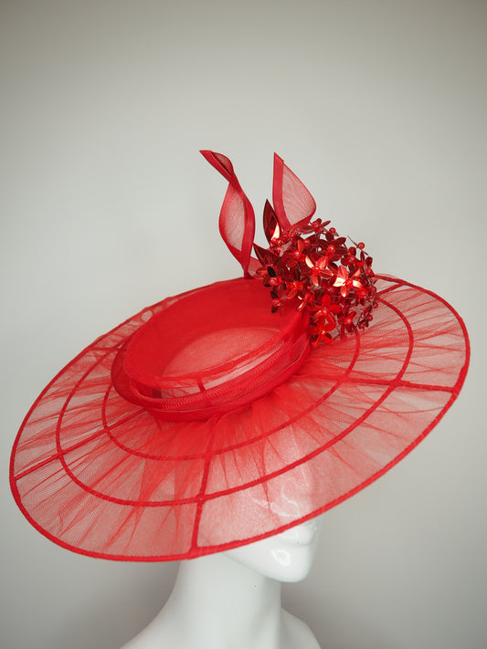 Crimson dust -  Red Tulle wire brimmed boater with red leather edged crinoline swirl and beaded allium flower