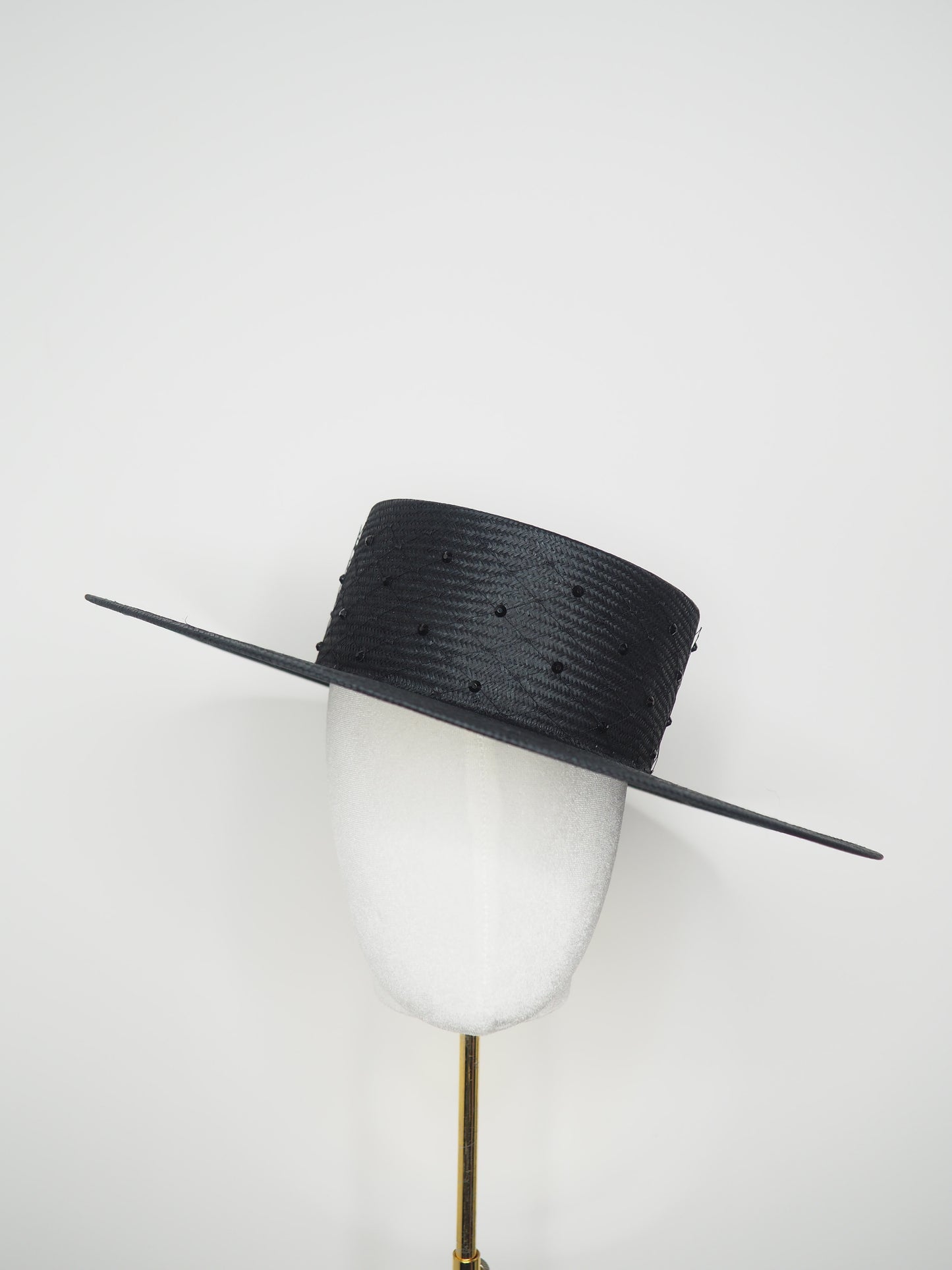 Black Stardust  - Classic Black straw boater with crystal and veil detail