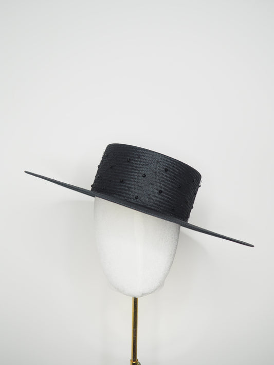 Black Stardust  - Classic Black straw boater with crystal and veil detail